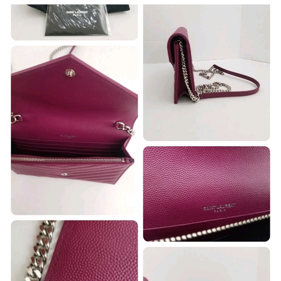 SAINT LAURENT YSL Magenta Grain Leather Chevron Envelope WOC Wallet on Chain - Picture 4 of 5